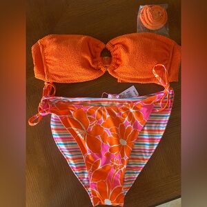 Orange Bandeau Bikini with Floral & reversable Stripe Bottoms